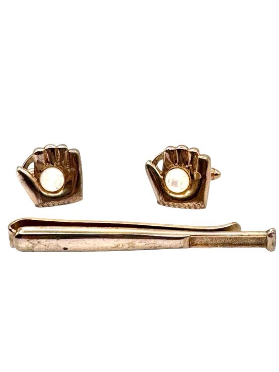 Unbranded Other - Baseball Motif Cuff Links Tie Clip MOP Baseball in Mitt Gold Tone Vintage 1950s